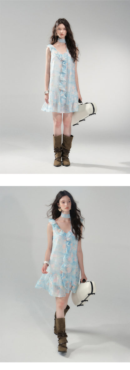 Floral Embroidered Ruffled Dress & Crinkled Skirt