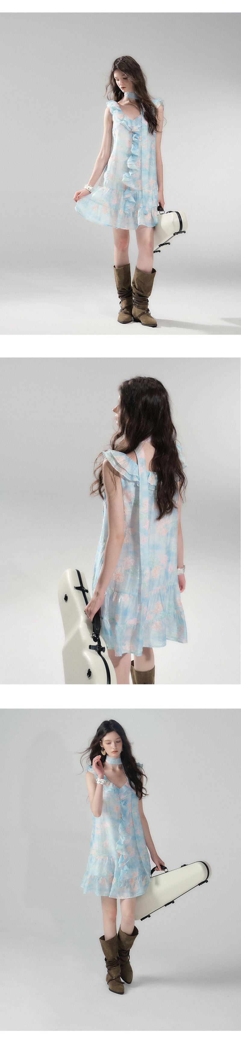Floral Embroidered Ruffled Dress & Crinkled Skirt