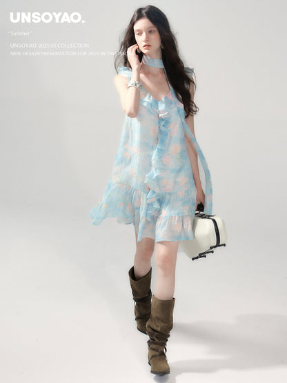 Floral Embroidered Ruffled Dress & Crinkled Skirt
