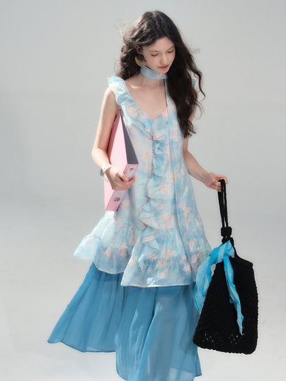 Floral Embroidered Ruffled Dress & Crinkled Skirt