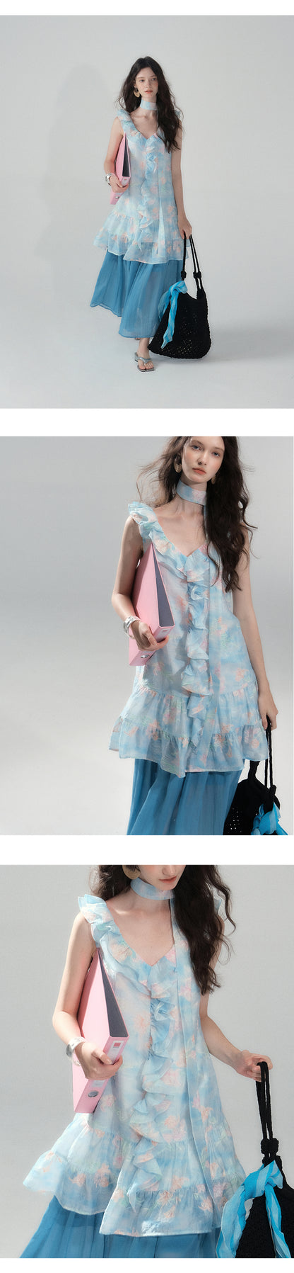 Floral Embroidered Ruffled Dress & Crinkled Skirt