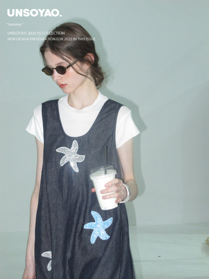 Sequin Starfish Pinafore Denim Dress