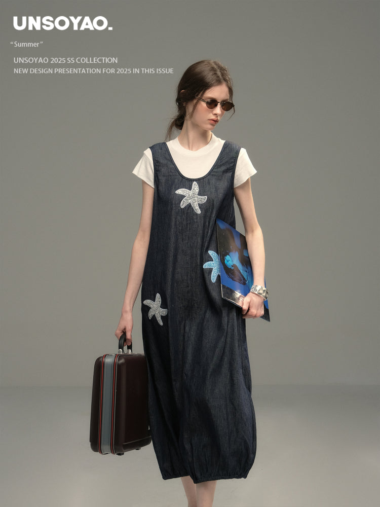 Sequin Starfish Pinafore Denim Dress