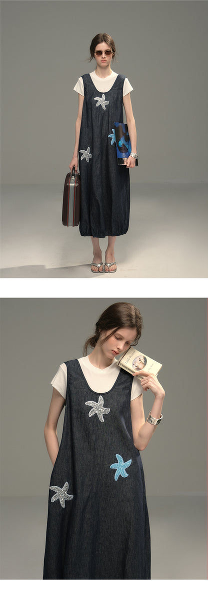 Sequin Starfish Pinafore Denim Dress