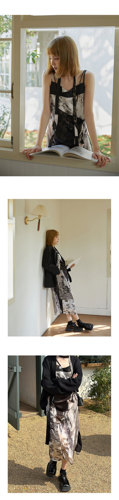 Abstract Print Draped Cami Dress With Scarf