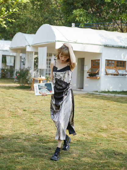 Abstract Print Draped Cami Dress With Scarf