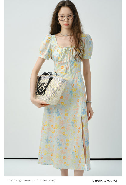 Floral Puff-Sleeve Side-Slit Dress
