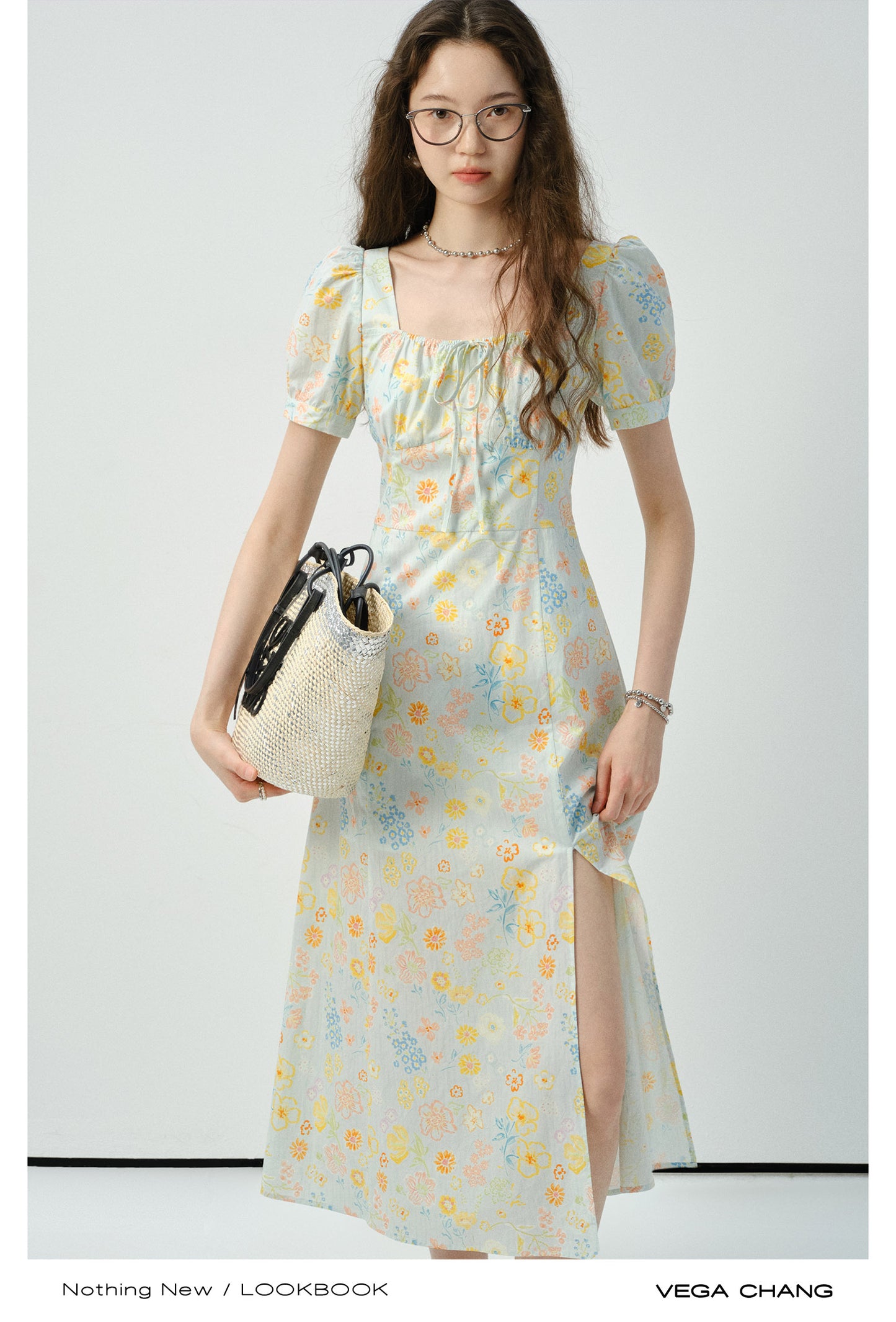 Floral Puff-Sleeve Side-Slit Dress