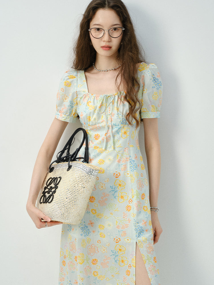 Floral Puff-Sleeve Side-Slit Dress