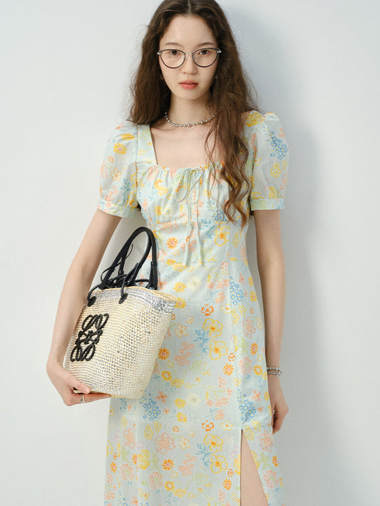 Floral Puff-Sleeve Side-Slit Dress