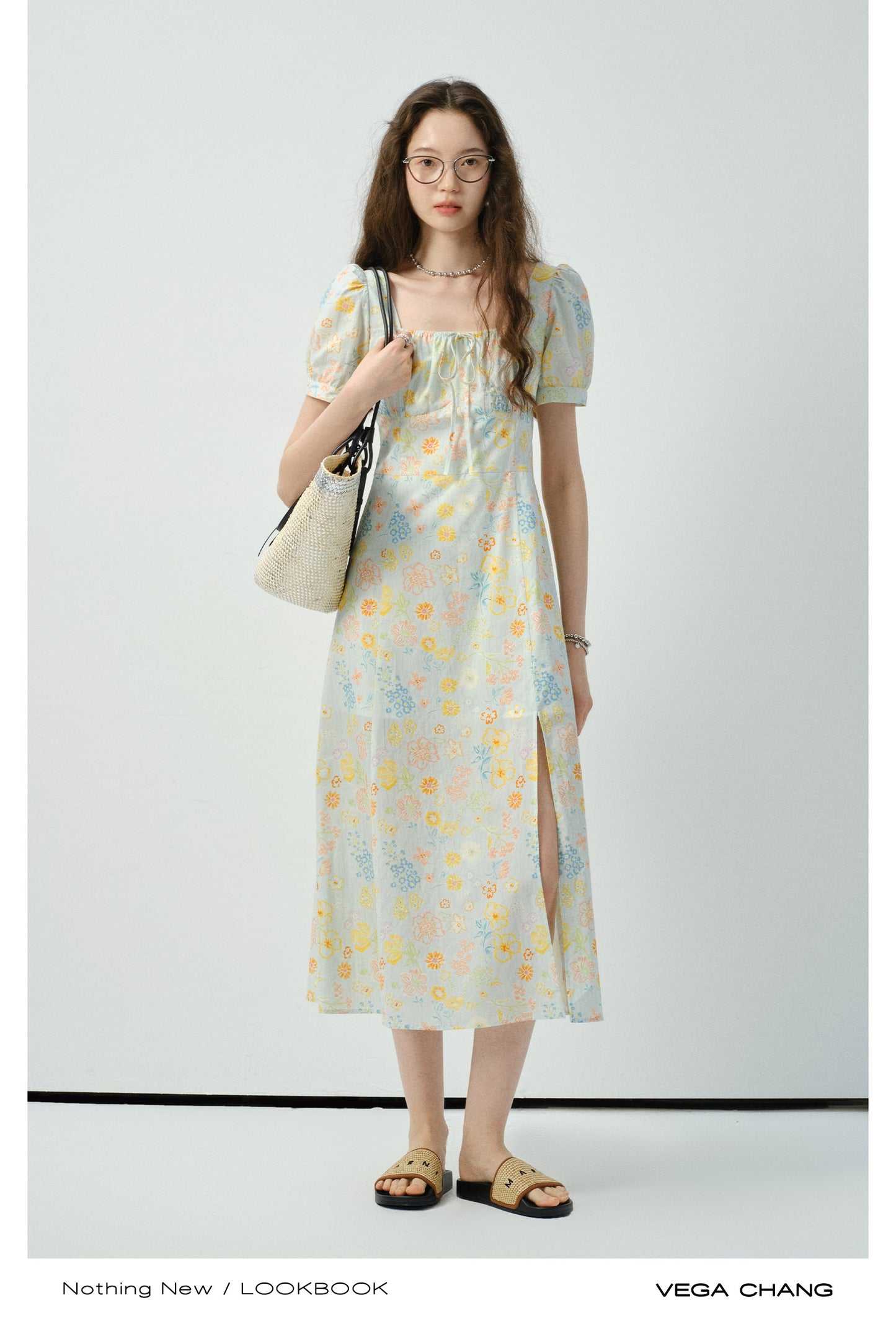 Floral Puff-Sleeve Side-Slit Dress