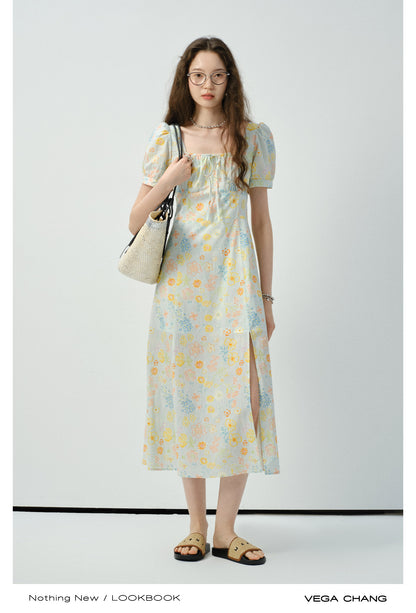Floral Puff-Sleeve Side-Slit Dress