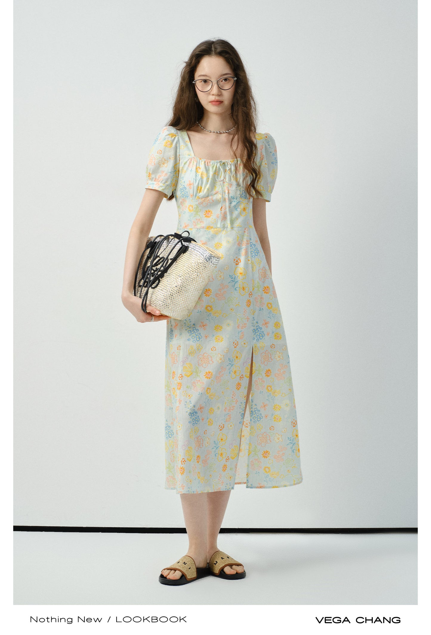 Floral Puff-Sleeve Side-Slit Dress