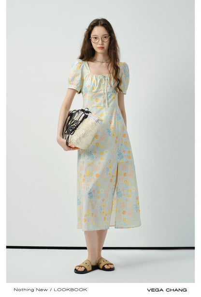 Floral Puff-Sleeve Side-Slit Dress