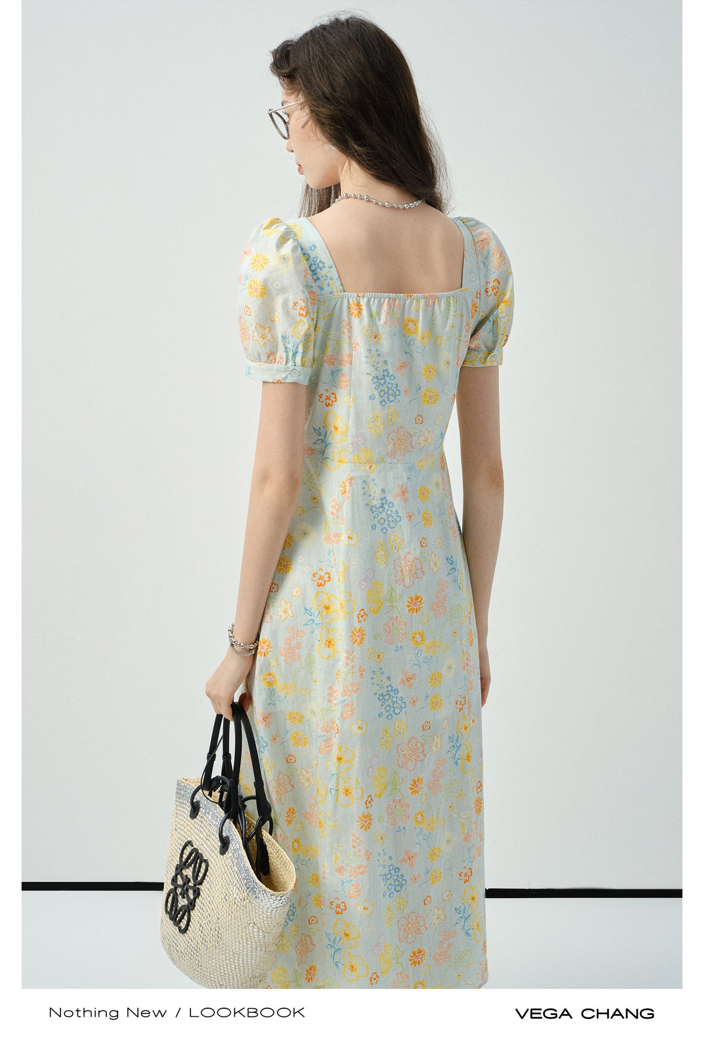 Floral Puff-Sleeve Side-Slit Dress