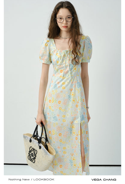 Floral Puff-Sleeve Side-Slit Dress