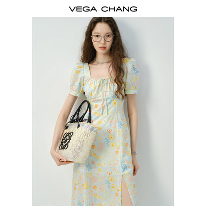 Floral Puff-Sleeve Side-Slit Dress