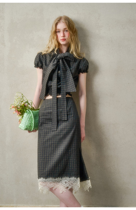 Plaid Puffy Top With Large Tie & Lace-Trimmed Slit Skirt