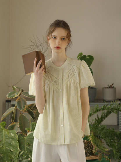 V-Gather Yoke Striped Blouse With Bubble Sleeves