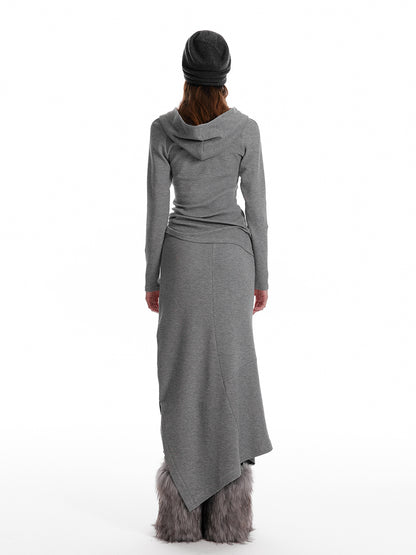 Slim Fit Hooded Half-Button Top / Slit Skirt