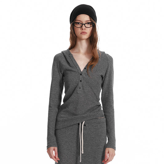 Slim Fit Hooded Half-Button Top / Slit Skirt