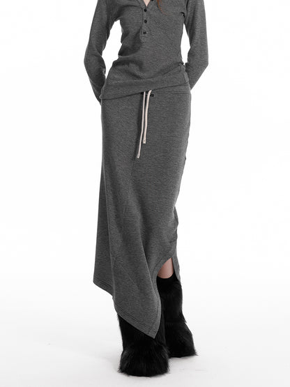 Slim Fit Hooded Half-Button Top / Slit Skirt