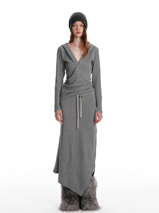 Slim Fit Hooded Half-Button Top / Slit Skirt