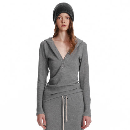 Slim Fit Hooded Half-Button Top / Slit Skirt