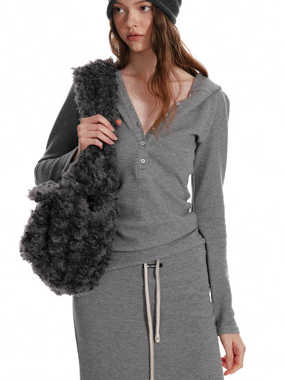 Slim Fit Hooded Half-Button Top / Slit Skirt
