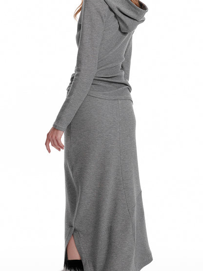 Slim Fit Hooded Half-Button Top / Slit Skirt