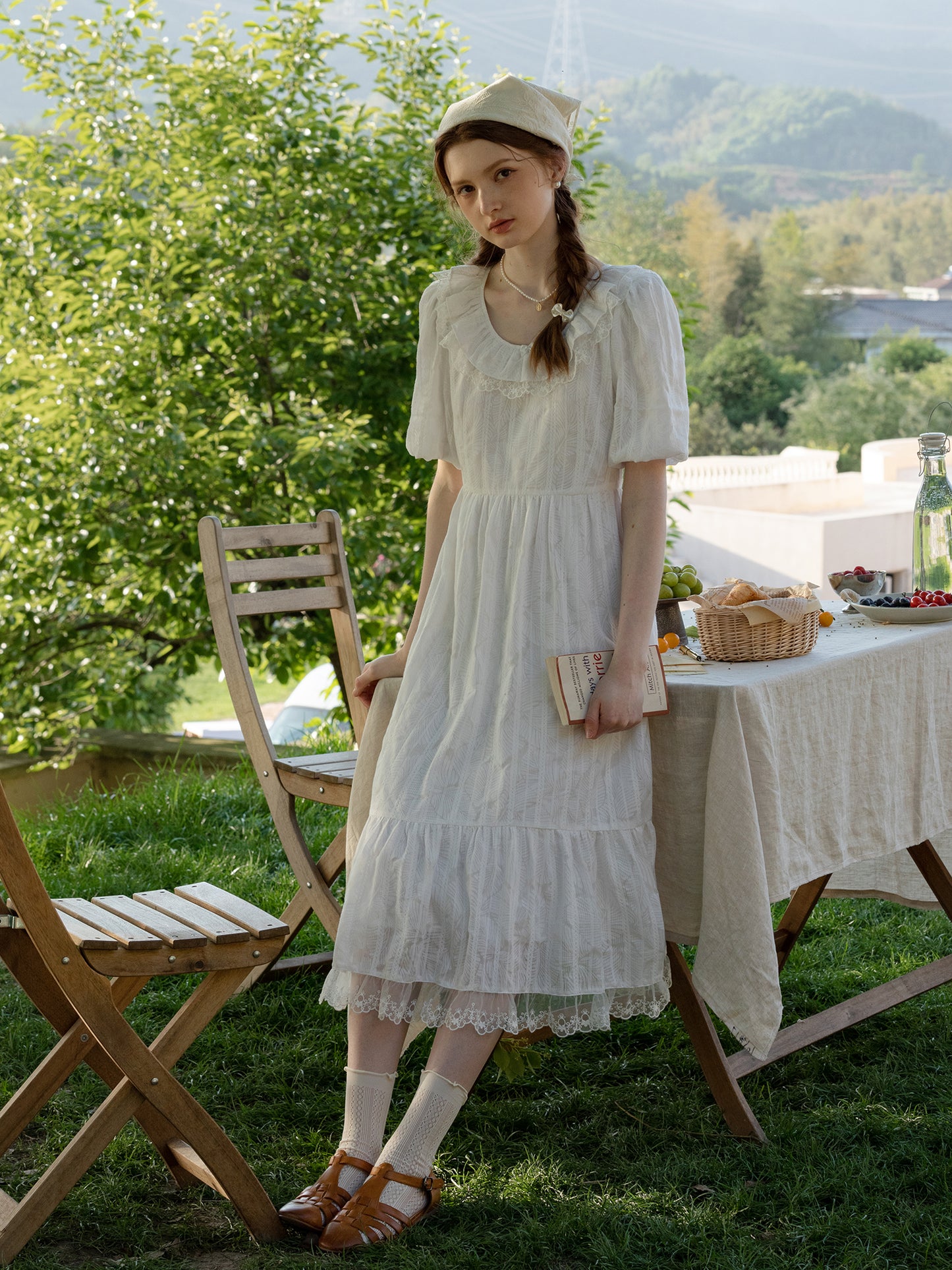Embroidered Bubble-Sleeve Dress With Flutter Collar