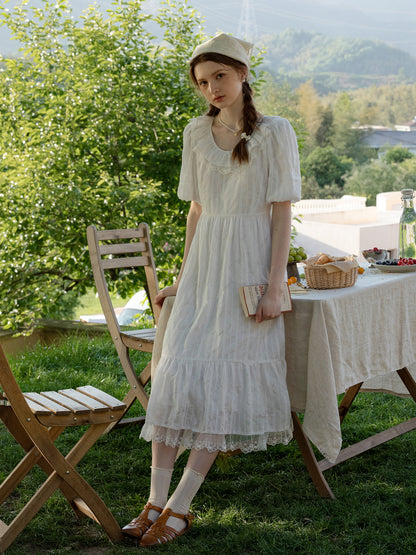 Embroidered Bubble-Sleeve Dress With Flutter Collar