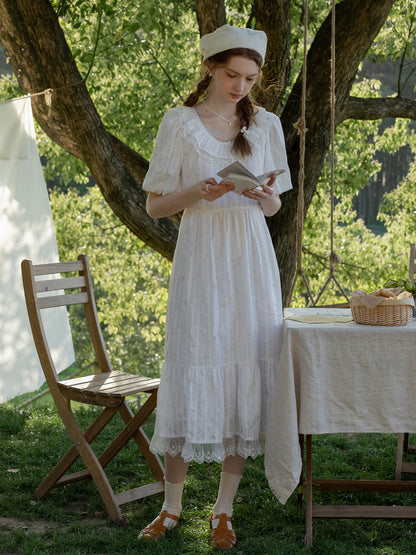 Embroidered Bubble-Sleeve Dress With Flutter Collar