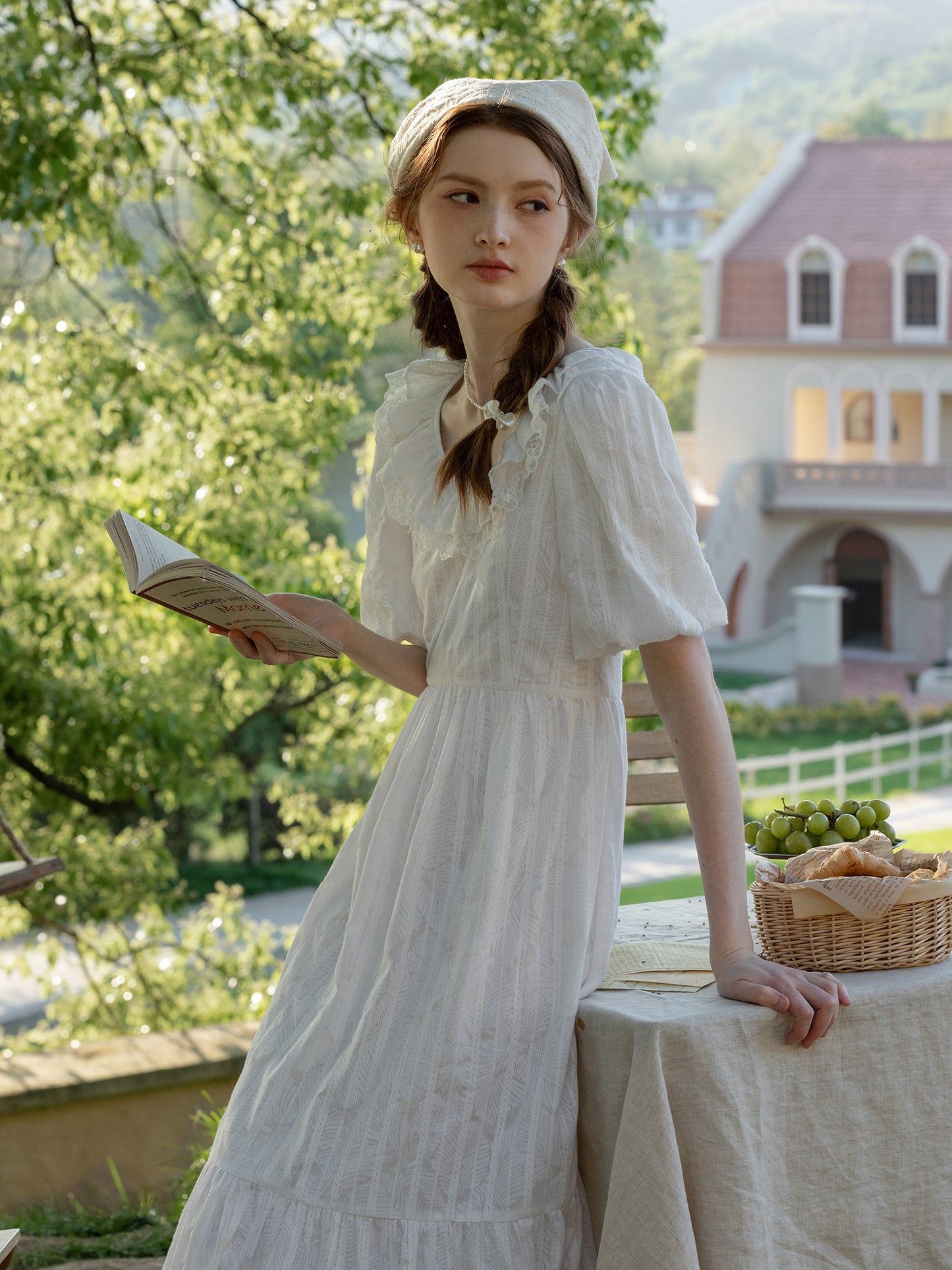 Embroidered Bubble-Sleeve Dress With Flutter Collar