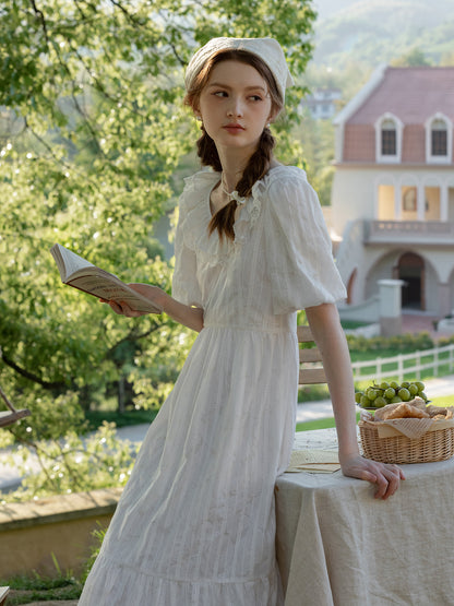Embroidered Bubble-Sleeve Dress With Flutter Collar