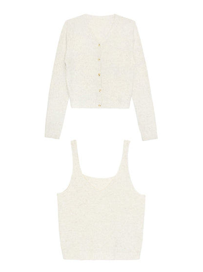 Knit Cardigan & Sleeveless Top Set With Detachable Bow