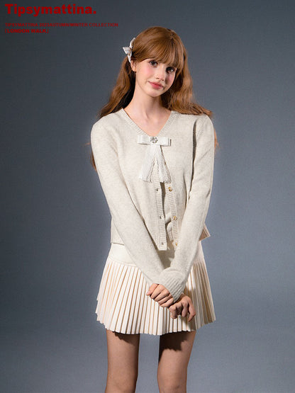 Knit Cardigan & Sleeveless Top Set With Detachable Bow