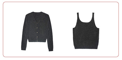 Knit Cardigan & Sleeveless Top Set With Detachable Bow