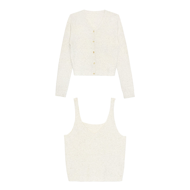 Knit Cardigan & Sleeveless Top Set With Detachable Bow