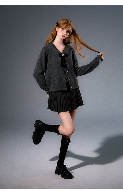 Knit Cardigan & Sleeveless Top Set With Detachable Bow