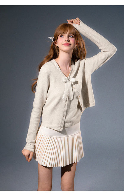 Knit Cardigan & Sleeveless Top Set With Detachable Bow