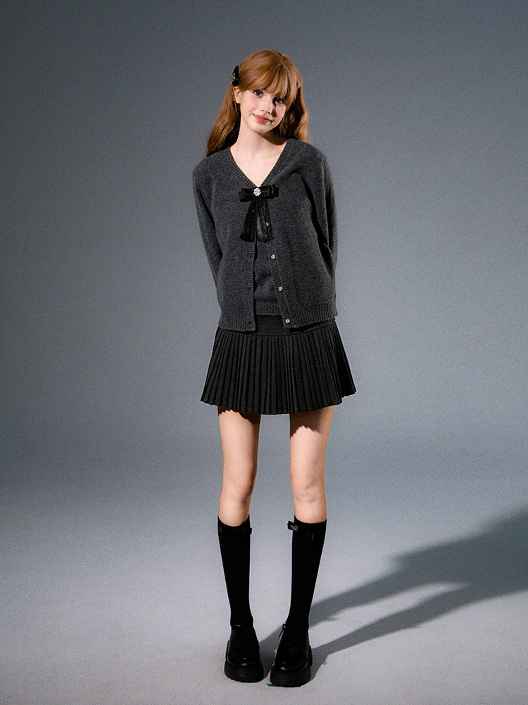 Knit Cardigan & Sleeveless Top Set With Detachable Bow