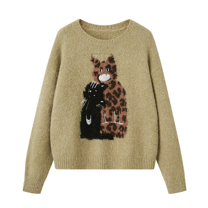 Leopard Cat Motif Wool-Blend Sweater