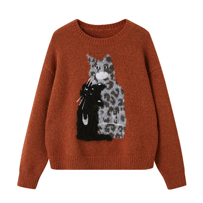 Leopard Cat Motif Wool-Blend Sweater