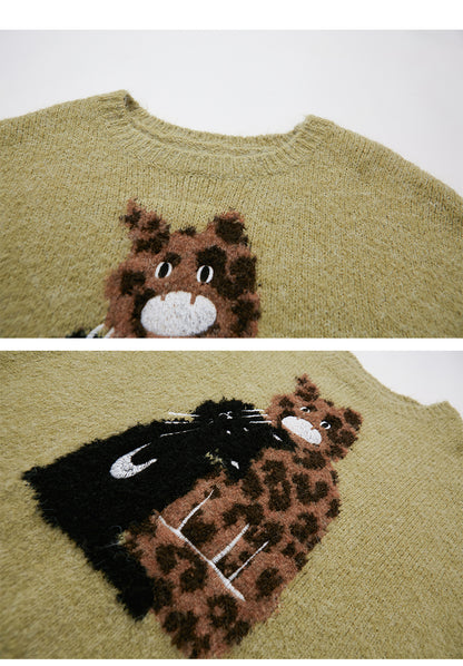 Leopard Cat Motif Wool-Blend Sweater