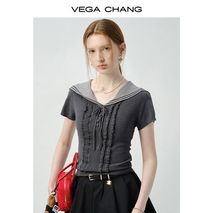 Sailor-Collar Fitted Top With Frill Front