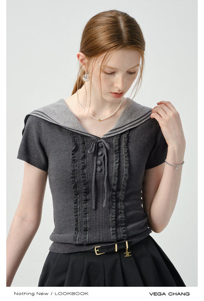 Sailor-Collar Fitted Top With Frill Front