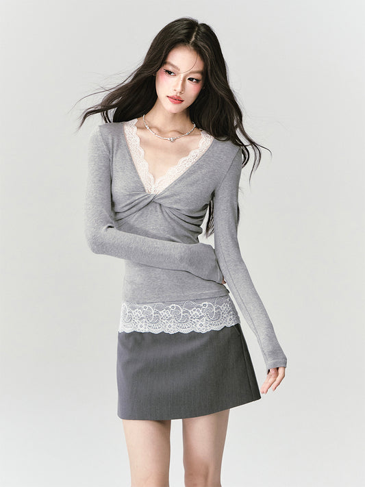 V-Neck Twisted Knit Top With Lace Trim