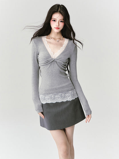 V-Neck Twisted Knit Top With Lace Trim