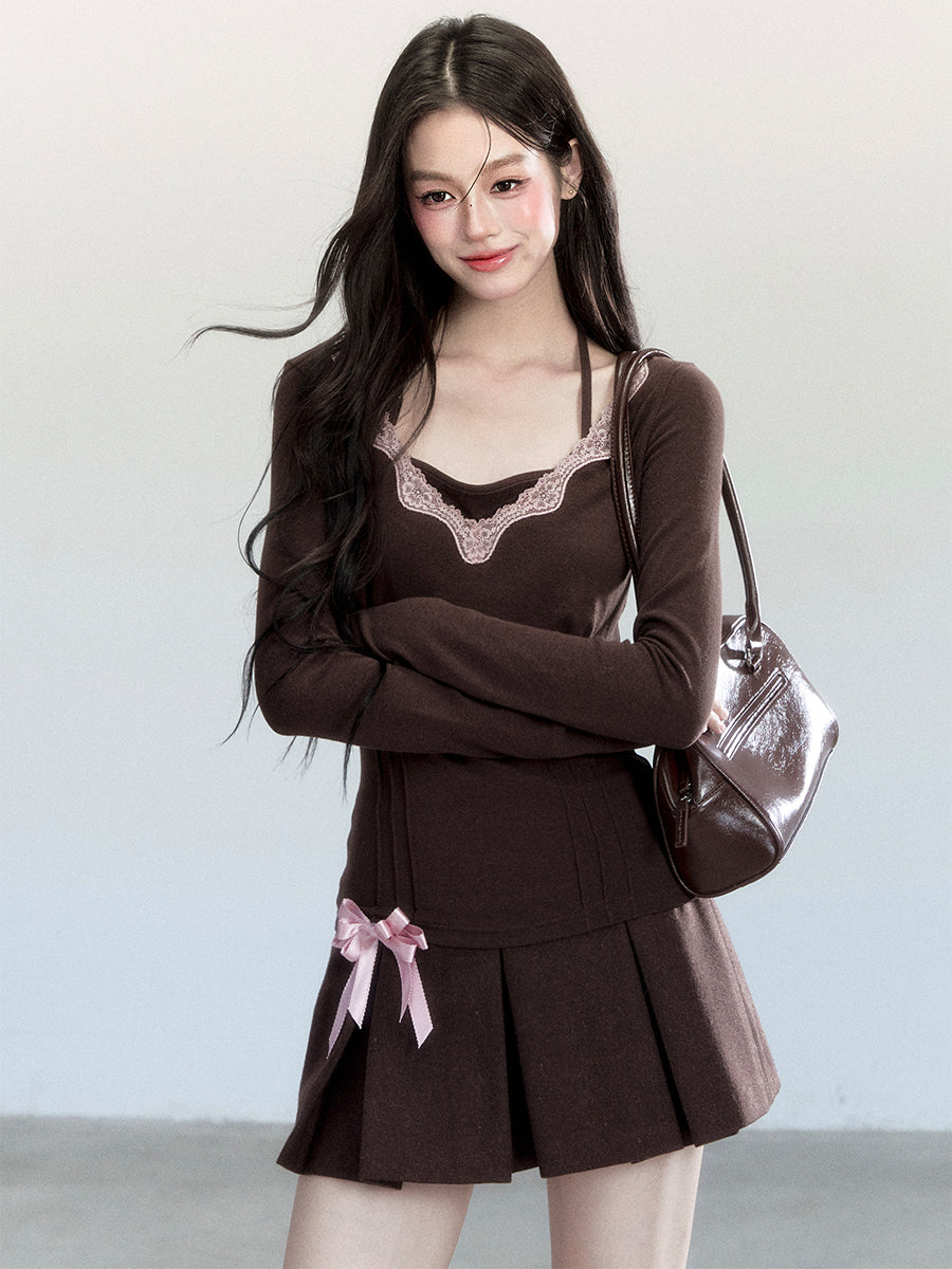 Ballet Style Lace-Trimmed Top With Halter Strap